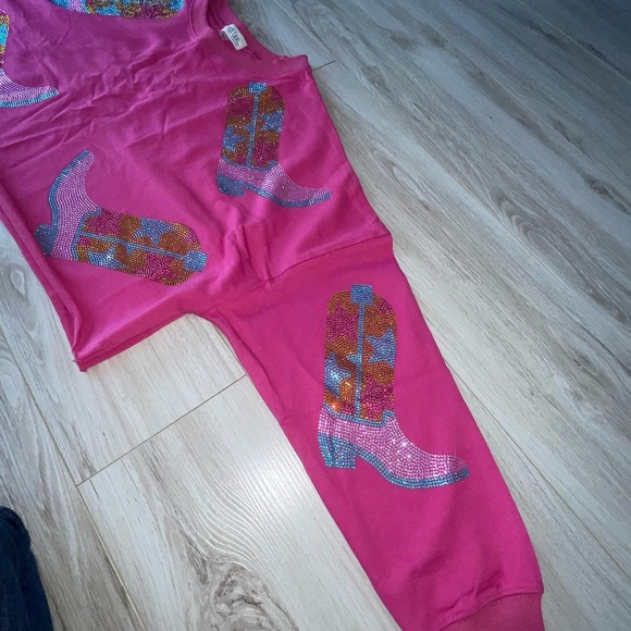 NWT Peach Love California Pink Sequin Cowboy Boots Cropped Sweatshirt L Festival - Picture 3 of 11
